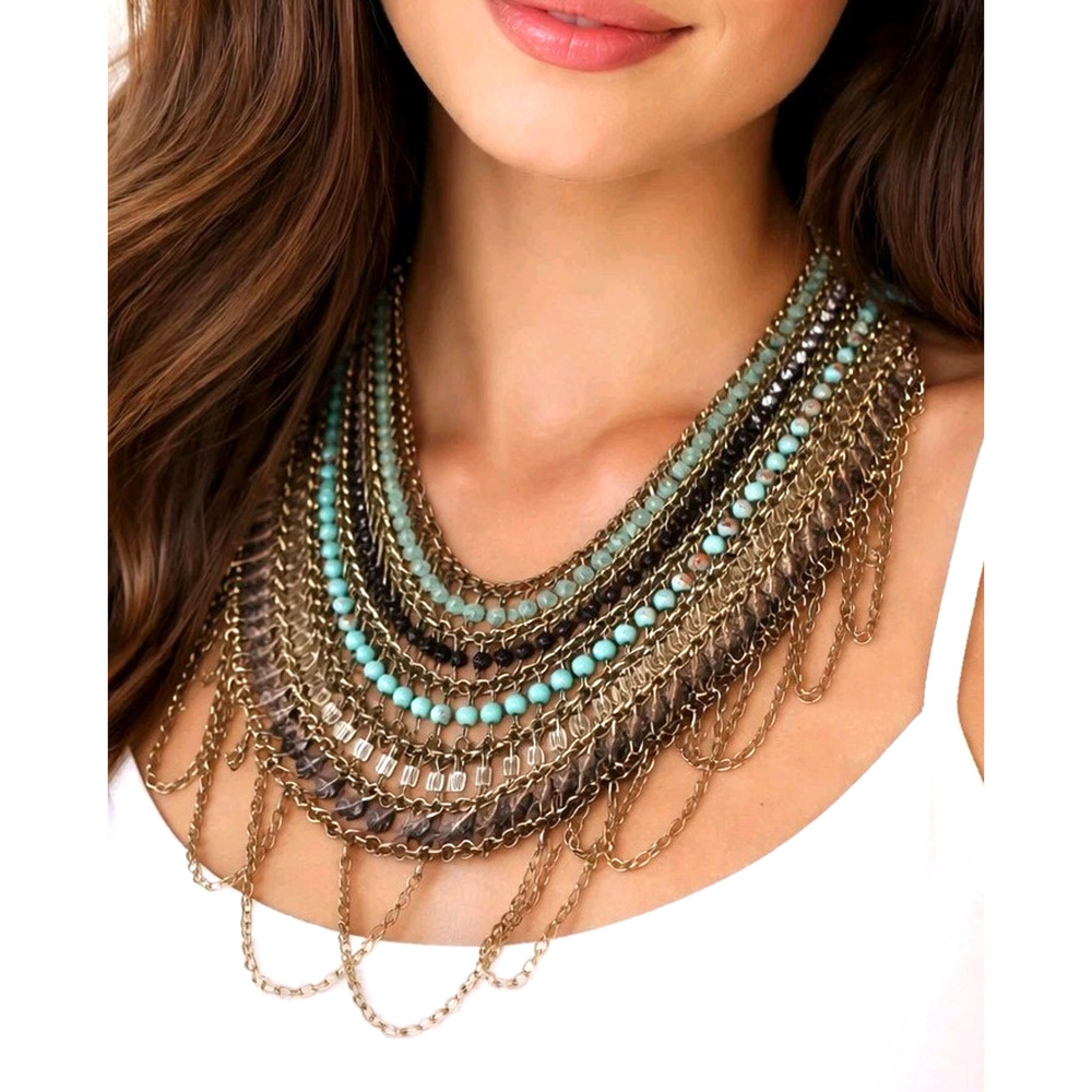 Mythologies Glass Beaded Swag Necklace- Aqua Blue Gold, 4.5" Bib, Adj blu01-36‎